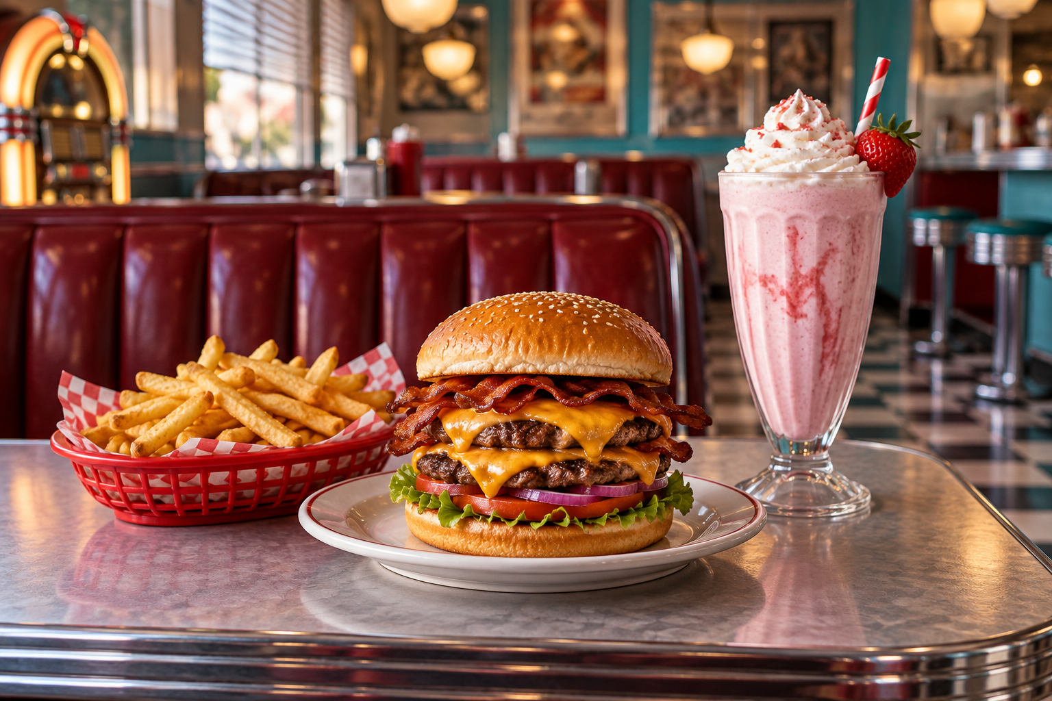 Immagine illustrativa: burger, patatine e milkshake in un diner americano