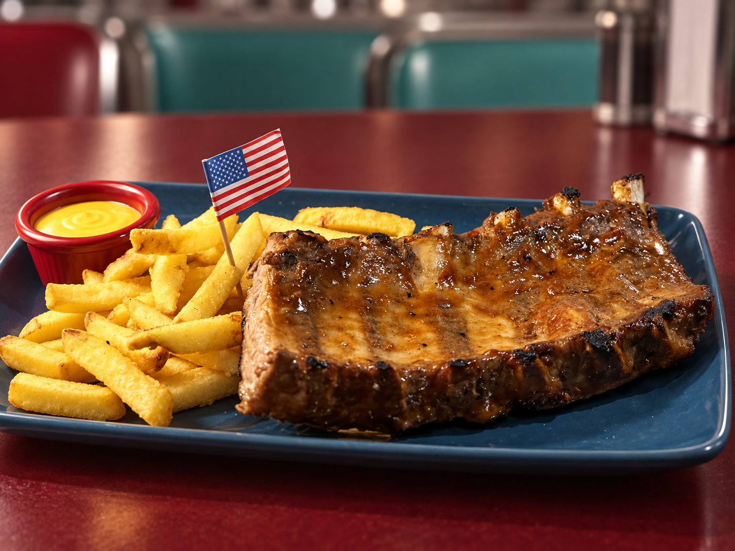 American Ribs e patate Dippers: foto originale ritoccata con AI